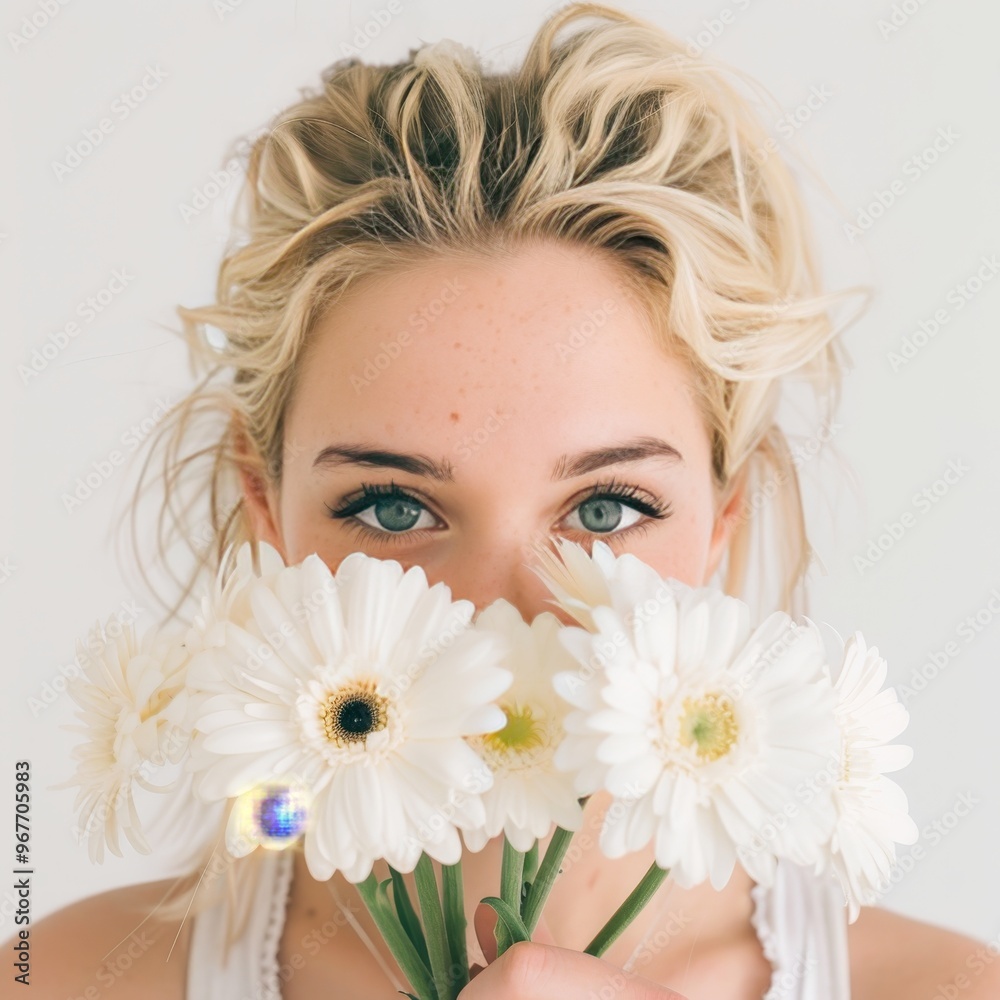Young Woman with Freckles and Blue Eyes Behind White Gerbera Daisies, Close Up Portrait Young Woman with Freckles and Blue Eyes Behind White Gerbera Daisies, Close Up Portrait