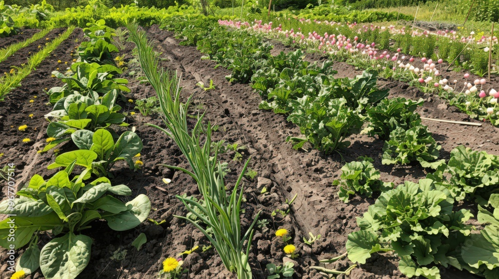 A productive vegetable garden with a mix of radishes, spinach, and garlic, surrounded by neat rows of freshly tilled soil and colorful wildflowers A productive vegetable garden with a mix of radishes, spinach, and garlic, surrounded by neat rows of freshly tilled soil and colorful wildflowers