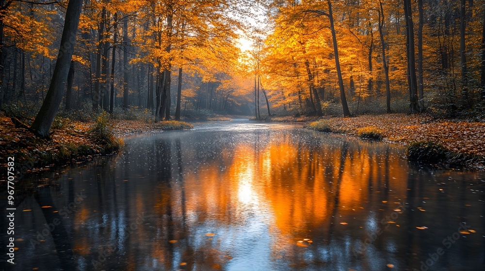 Fototapeta premium A tranquil autumn scene with golden leaves swirling through the air, warm sunlight illuminating the trees, and a calm river reflecting the seasonal colors.