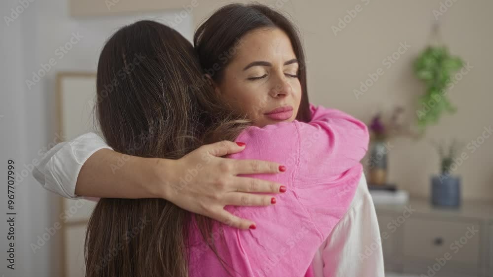 Two smiling women hugging in an indoor living room with a homey atmosphere.