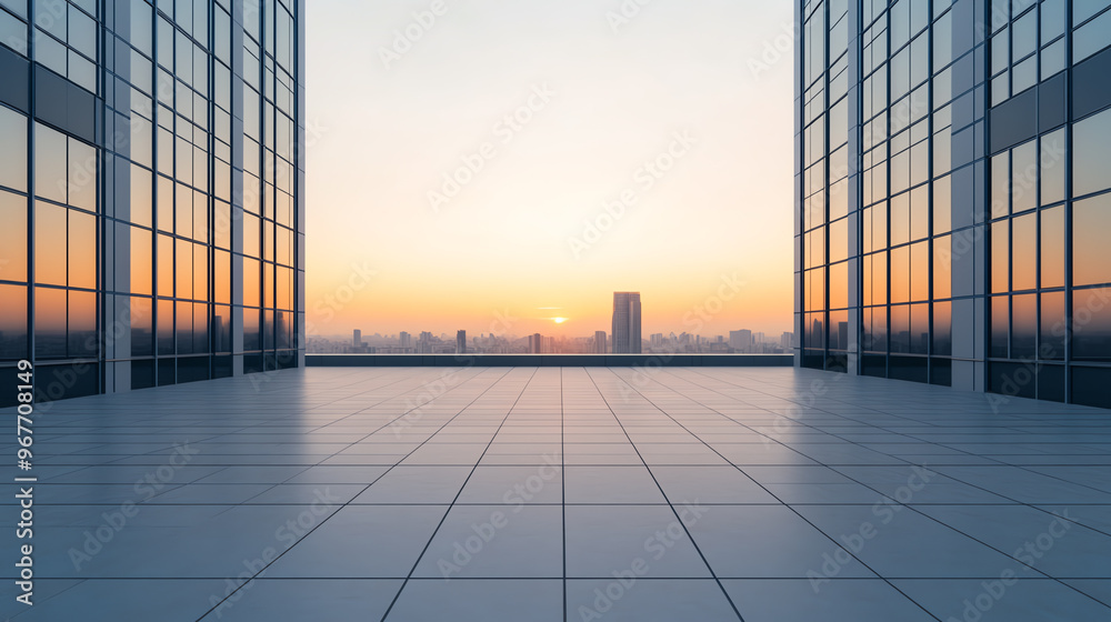 Fototapeta premium Stunning urban view from a modern rooftop at sunset, showcasing glass buildings and a vibrant skyline.