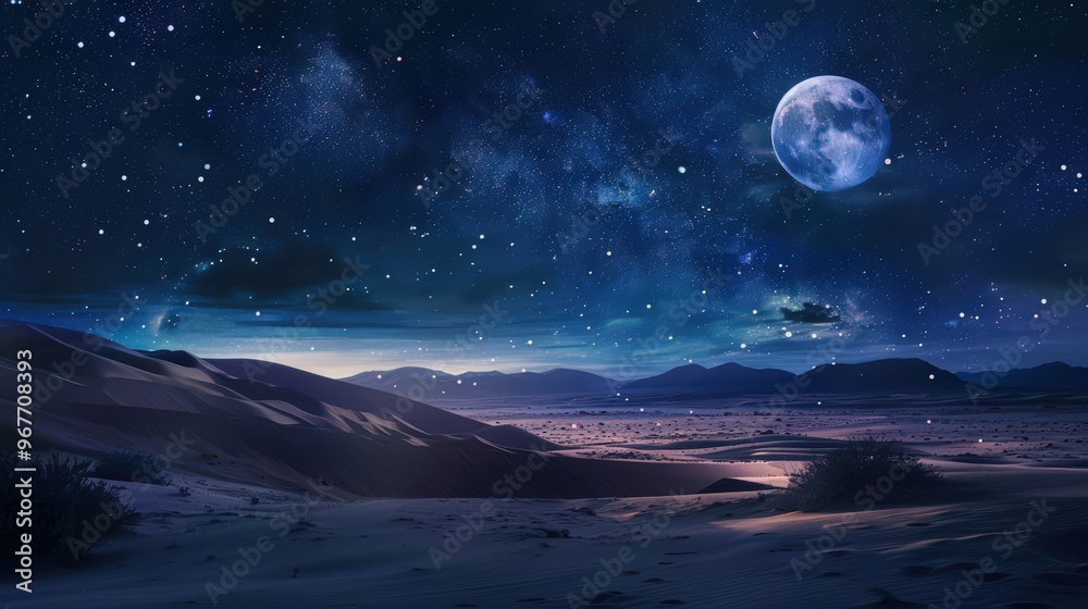 A serene nighttime desert view showcasing the majestic moon and a blanket of stars stretching across the expansive sky A serene nighttime desert view showcasing the majestic moon and a blanket of stars stretching across the expansive sky