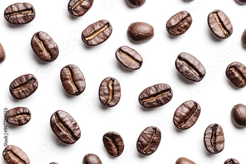 Many roasted coffee beans isolated on white, top view