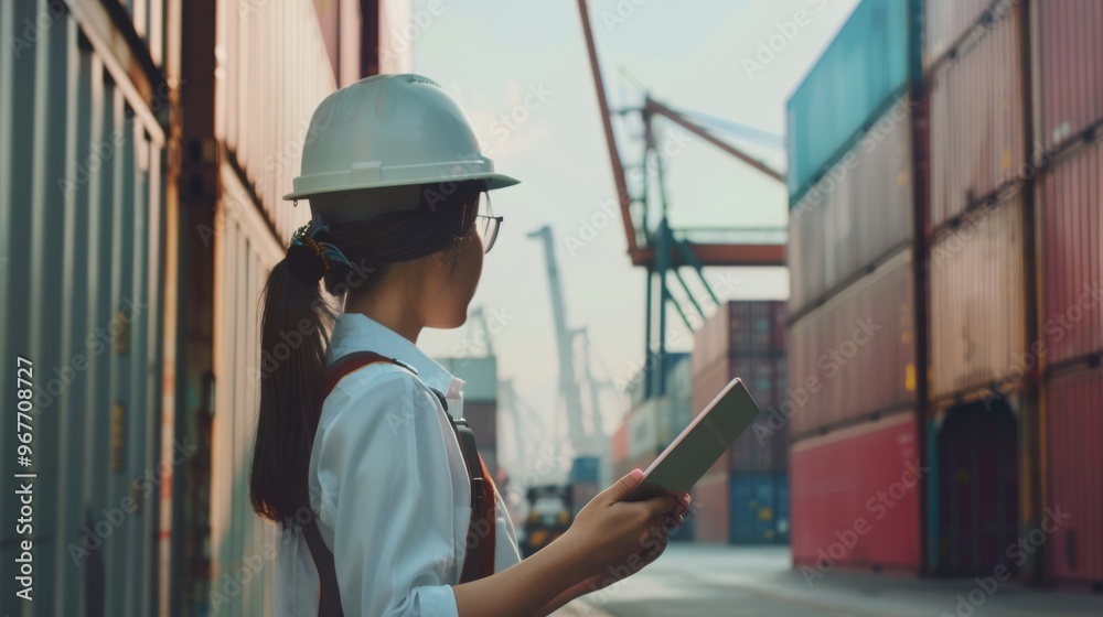 A female worker in a hardhat surveying a shipping container yard, symbolizing logistics and industrial work. A female worker in a hardhat surveying a shipping container yard, symbolizing logistics and industrial work.