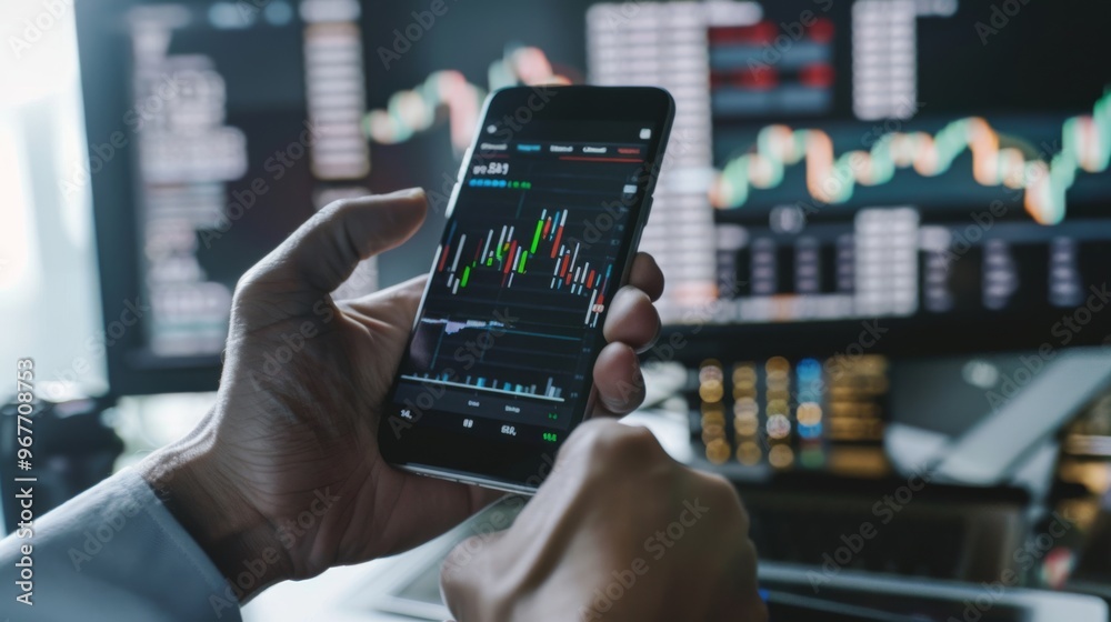 A close-up of a hand holding a smartphone displaying stock market charts, with multiple monitors in the background showing financial data. A close-up of a hand holding a smartphone displaying stock market charts, with multiple monitors in the background showing financial data.