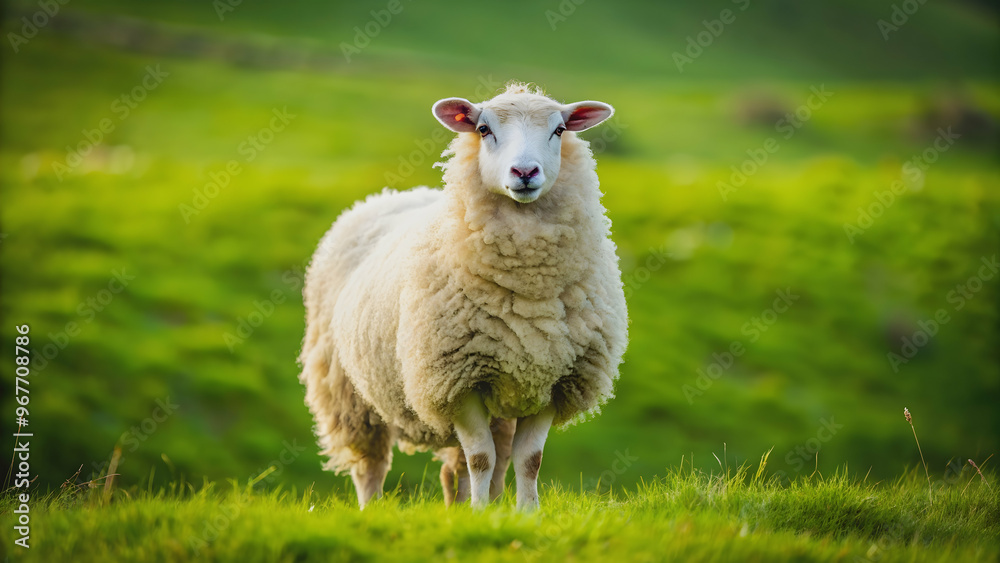 A fluffy white sheep standing in a green pasture , farm, wool, livestock, grazing, animals, agriculture, rural, countryside A fluffy white sheep standing in a green pasture , farm, wool, livestock, grazing, animals, agriculture, rural, countryside