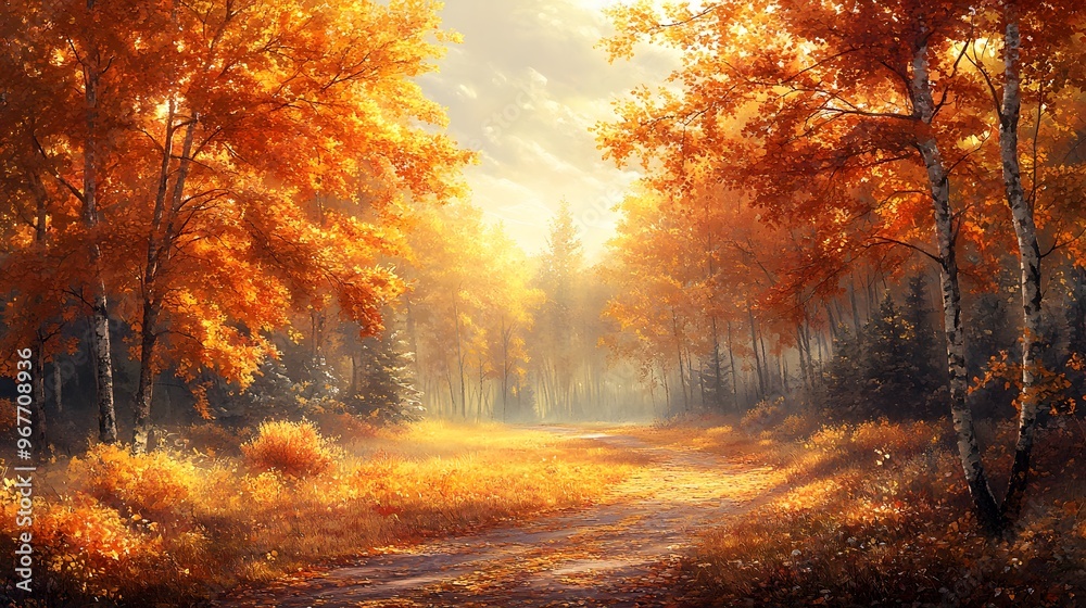 Obraz premium A serene autumn landscape with golden leaves fluttering from trees, a winding path through the forest, and a calm atmosphere filled with warm light.