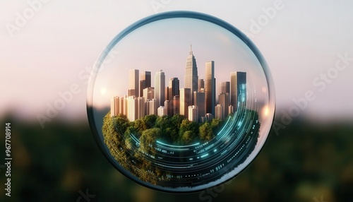 Glass globe with a cityscape inside, surrounded by digital data streams, representing smart cities and global technology, urban and modern #967708914