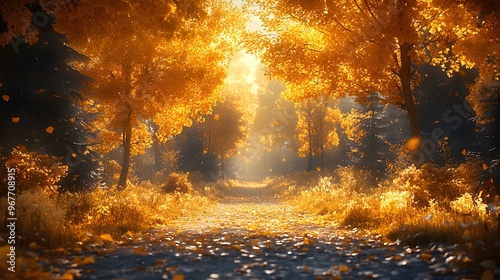 A serene autumn landscape with golden leaves fluttering from trees, a winding path through the forest, and a calm atmosphere filled with warm light.