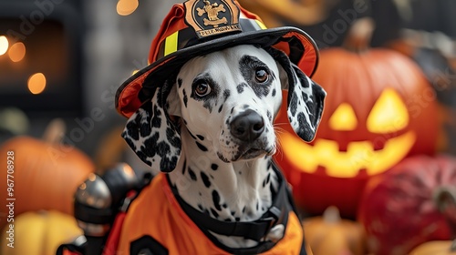 Adorable Dalmatian dog dressed as a firefighter for Halloween, surrounded by festive pumpkins and warm autumn lights.