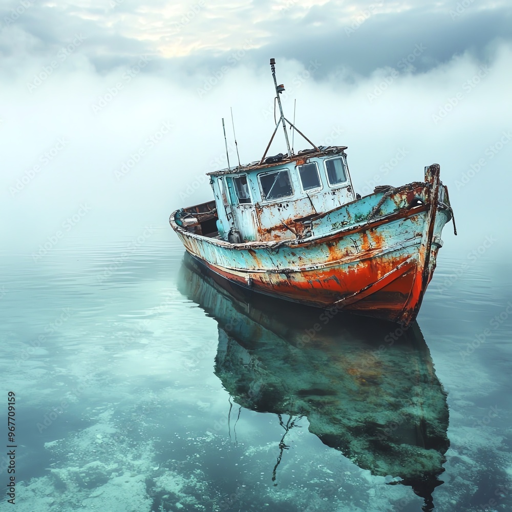 An abandoned fishing boat rests peacefully on a misty lake, reflecting its weathered beauty in tranquil waters. An abandoned fishing boat rests peacefully on a misty lake, reflecting its weathered beauty in tranquil waters.