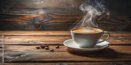 A close-up shot of a steaming cup of coffee on a wooden table , Coffee, beverage, caffeine, drink, morning, aroma, hot
