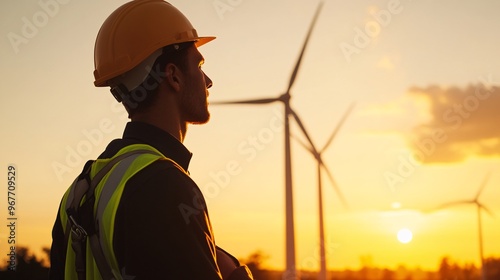 Harnessing Natures Power - An Engineer Battling Strong Winds Amidst Spinning Wind Turbines Showcasing the Dynamic Challenges in Renewable Energy Operations