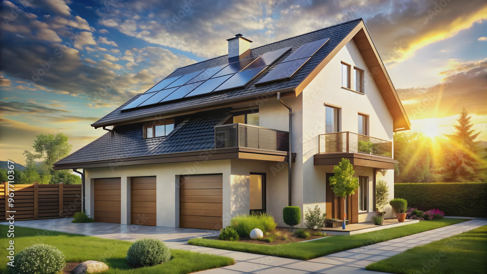 Modern two-story house with solar panels on roof, bathed in sunlight , modern, house, solar panels, roof Modern two-story house with solar panels on roof, bathed in sunlight , modern, house, solar panels, roof