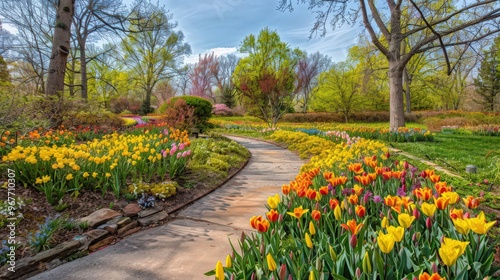 A serene public garden showcasing seasonal displays of tulips, daffodils, and other spring flowers