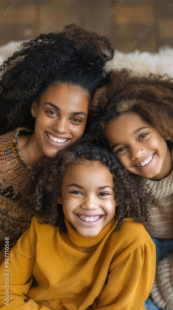 A mother and her two daughters are smiling brightly while huddled together on a soft surface, enjoying their time indoors A mother and her two daughters are smiling brightly while huddled together on a soft surface, enjoying their time indoors