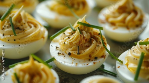 A close-up of elegantly plated deviled eggs garnished with chives and a sprinkle of pepper, showcasing both culinary artistry and appetizing appeal.