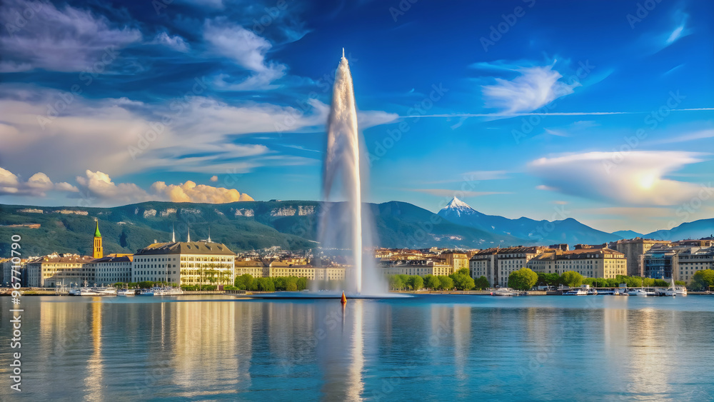 A panoramic view of the Geneva International skyline with the iconic Jet d'Eau fountain in the foreground, Geneva A panoramic view of the Geneva International skyline with the iconic Jet d'Eau fountain in the foreground, Geneva