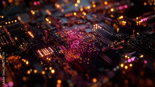 Abstract circuit board with glowing lights in pink and orange.