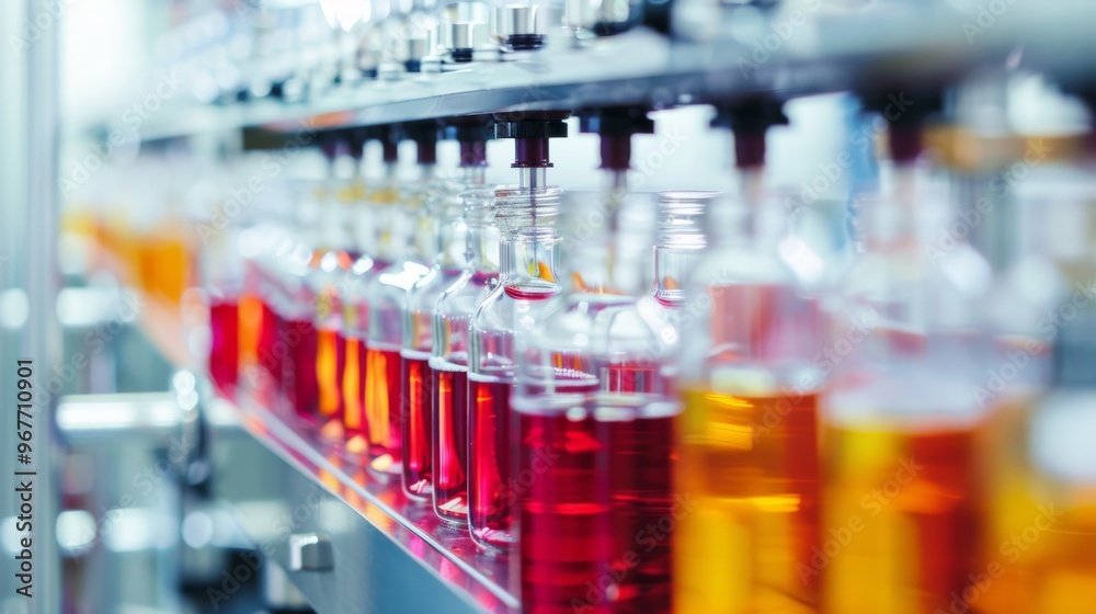 Rows of colorful bottles on an assembly line, each filled with different shades of liquid, showcasing a modern industrial process with precise handling. Rows of colorful bottles on an assembly line, each filled with different shades of liquid, showcasing a modern industrial process with precise handling.