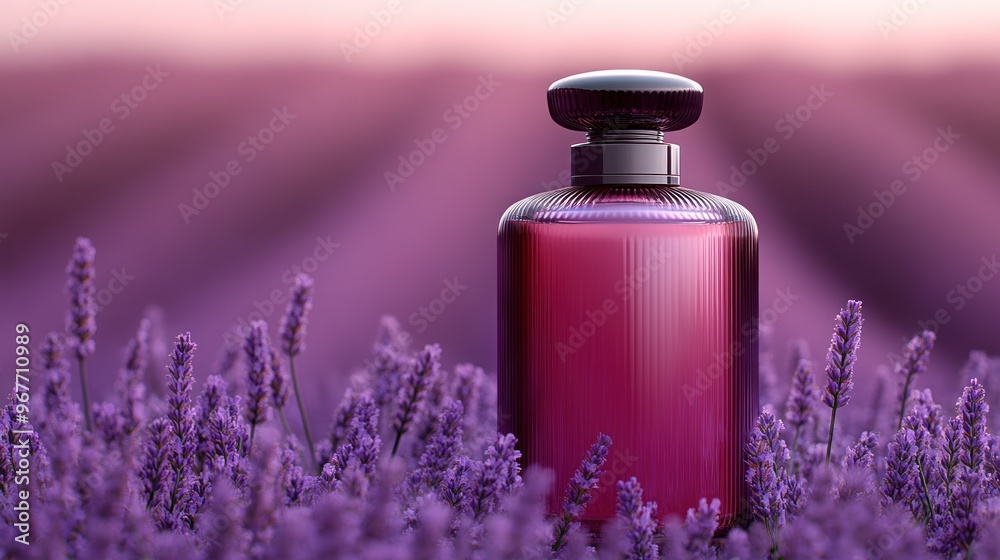 A striking perfume bottle stands elegantly in a field of lavender during golden hour A striking perfume bottle stands elegantly in a field of lavender during golden hour
