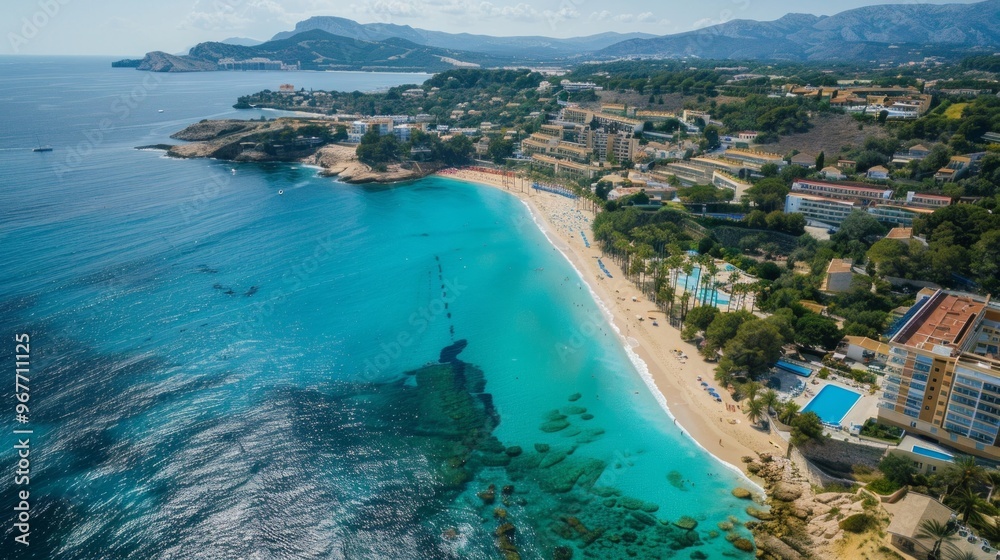 Obraz premium The picture taken from a drone shows turquoise waters, white sandy beach, greenery, cliffs and apartments. Quiet but stunning, like a postcard. Popular destination.