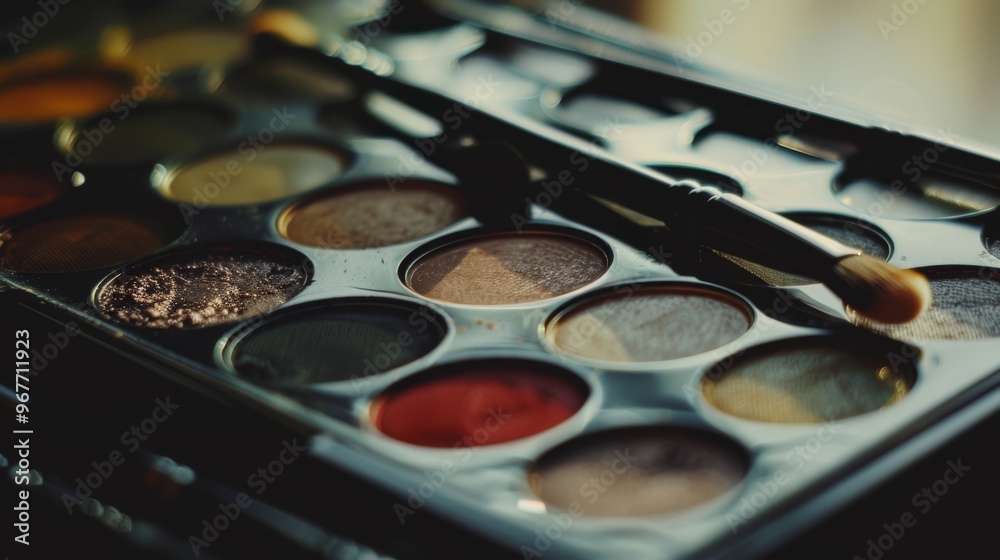 Naklejka premium A close-up shot of a makeup palette featuring a variety of vibrant eyeshadow colors, with brushes resting delicately atop.
