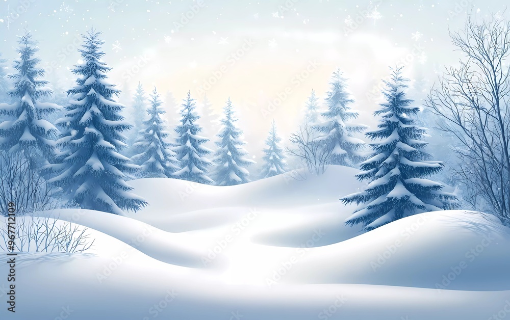 Beautiful landscape with snow-covered fir trees and snowdrifts. Merry Christmas and Happy New Year greeting background with copy space