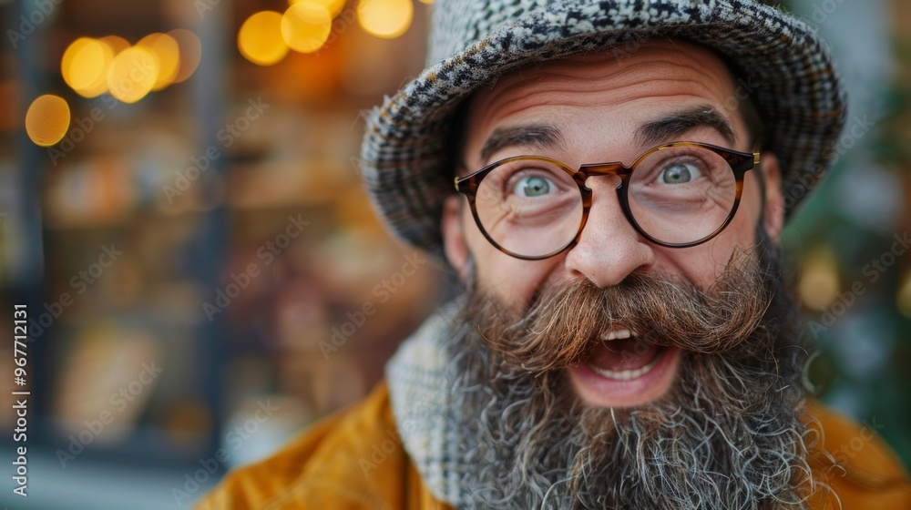Middle-aged man with beard, glasses, hat, and coat, looks surprised and happy facing the camera. Background shows store window lights, creating a lively atmosphere.