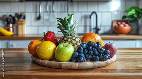 Assorted fresh fruits displayed on a wooden kitchen countertop