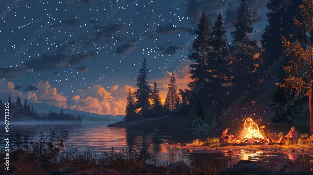 A serene summer evening by a campfire, with people roasting marshmallows and enjoying the warm glow of the flames under a starry sky A serene summer evening by a campfire, with people roasting marshmallows and enjoying the warm glow of the flames under a starry sky
