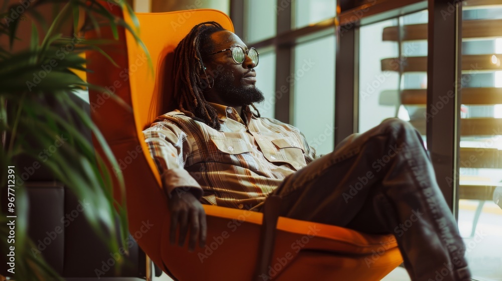 A man relaxes in an orange armchair, basking in the sunlight that streams into a modern glass-walled space adorned with greenery. A man relaxes in an orange armchair, basking in the sunlight that streams into a modern glass-walled space adorned with greenery.