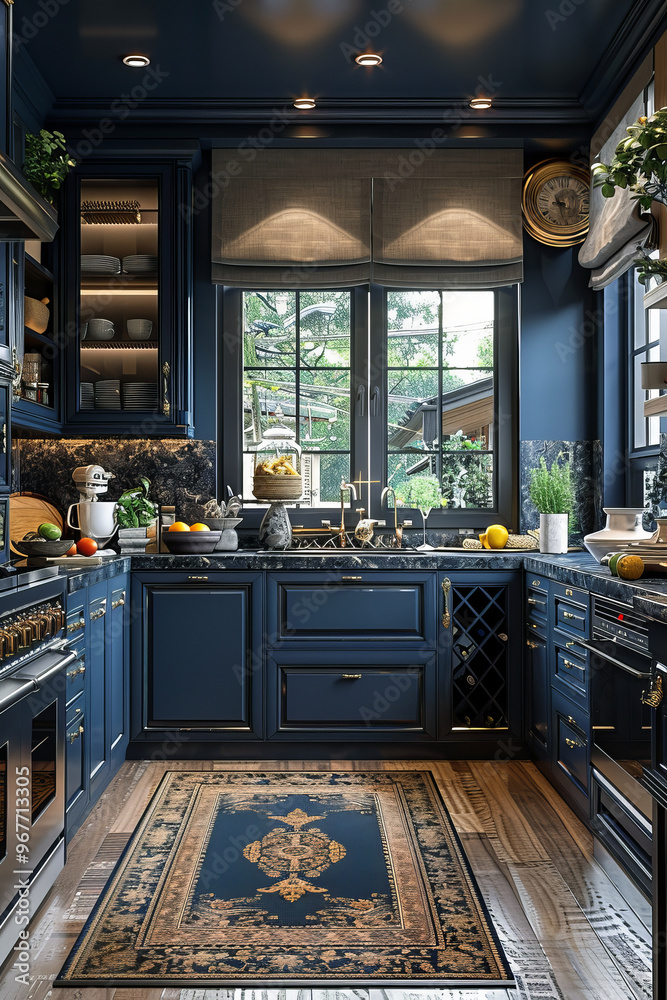 Traditional-style kitchen featuring navy blue cabinets, a patterned rug, marble countertops, and a large window overlooking a garden, with luxurious details and rich accents throughout. Traditional-style kitchen featuring navy blue cabinets, a patterned rug, marble countertops, and a large window overlooking a garden, with luxurious details and rich accents throughout.