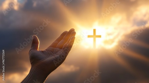 Divine hand of god offering hope with christ s cross for spiritual inspiration and faith photo