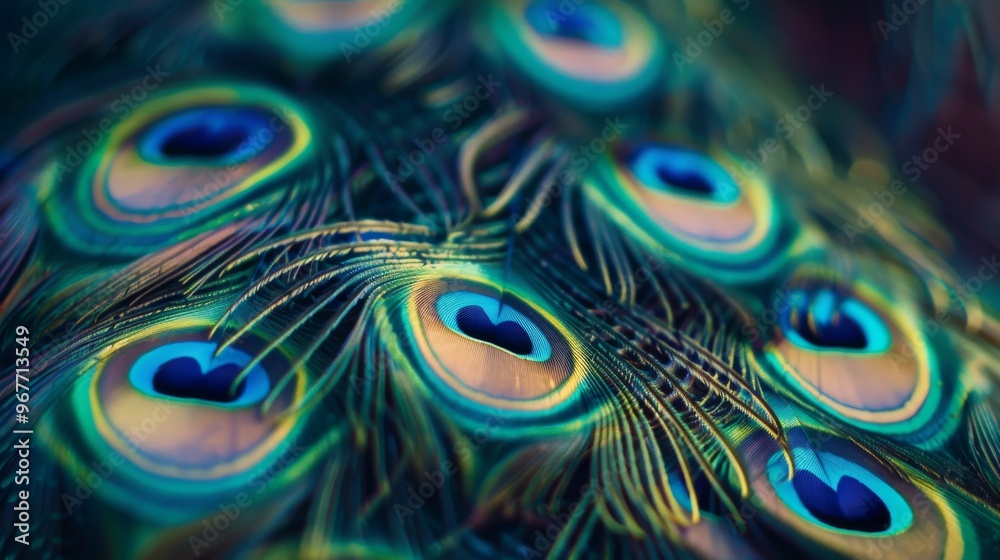 Obraz premium A close-up image of vibrant, iridescent peacock feathers showcasing their intricate patterns and vivid colors.