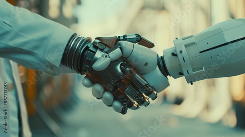 A robot's hand and a human hand engage in a handshake, representing futuristic collaboration and the blending of technology with humanity.