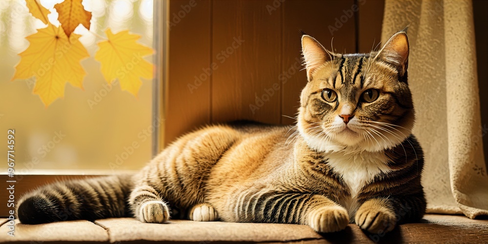 Fototapeta Generative AI, Autumn Sunlight with Relaxed Cat on the Carpet