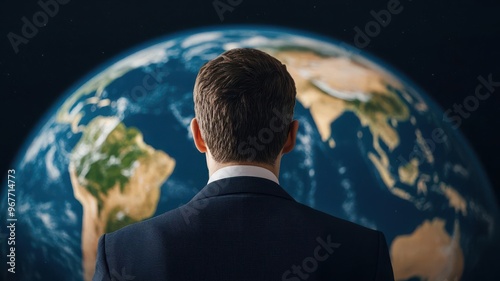 A financial advisor discussing international investments in front of a giant screen that maps global stock market indices
