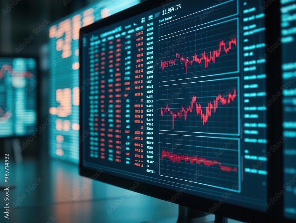 A financial report presentation with a giant screen showing charts comparing the stock performance of various tech giants
