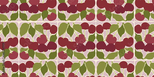 Abstract cherries seamless pattern. Minimalistic retro 70s style groovy summer berries design. Vector illustration.