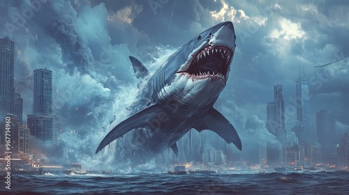 A Giant Shark Looms Over a Cityscape photo