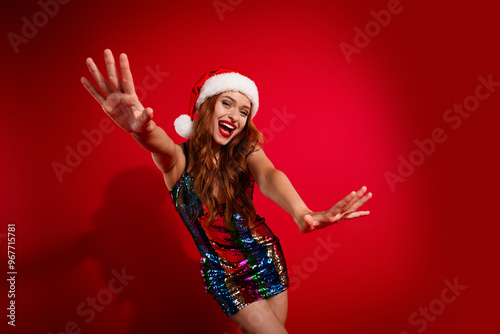 Photo of classy fancy glad lady wear shiny dress celebrate new year party isolated on red color background photo