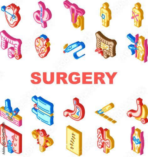 surgery medical operation icons set vector. procedure anesthesia, scalpel incision, sutures recovery, sterile surgeon, patient surgery medical operation isometric sign illustrations