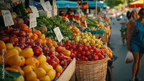 A vibrant farmers' market featuring colorful fruits and vegetables in a bustling outdoor setting.