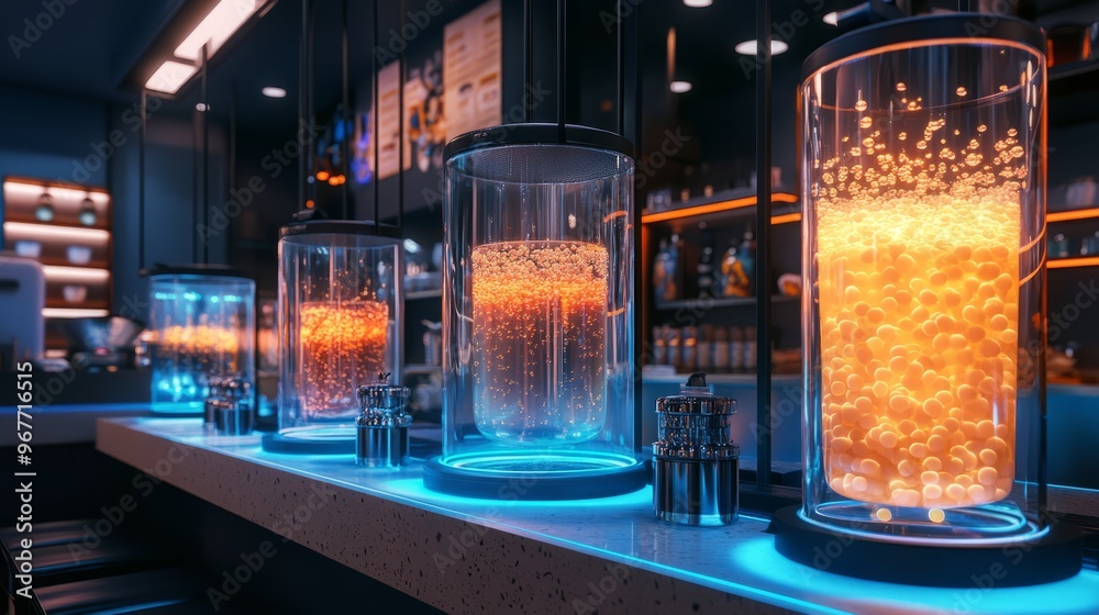 Four glass cylinders filled with glowing orange liquid and bubbles on a bar counter with blue lights. Four glass cylinders filled with glowing orange liquid and bubbles on a bar counter with blue lights.