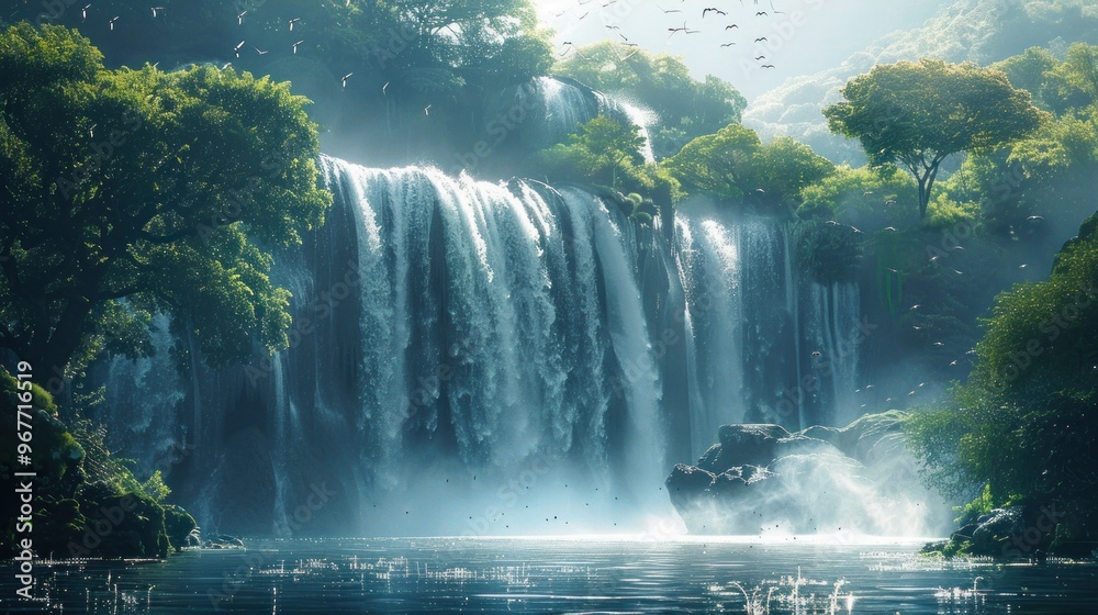 The waterfall is very beautiful from a distance, the water is clear, there are birds flying over it The waterfall is very beautiful from a distance, the water is clear, there are birds flying over it
