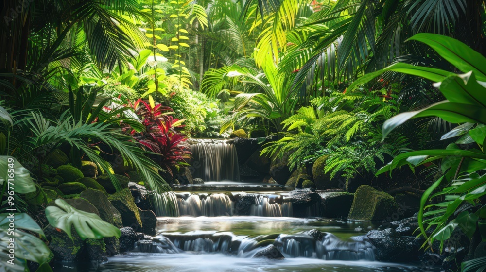 A stream flowing through a lush, tropical rainforest, with vibrant green foliage and exotic plants framing the water. A stream flowing through a lush, tropical rainforest, with vibrant green foliage and exotic plants framing the water.