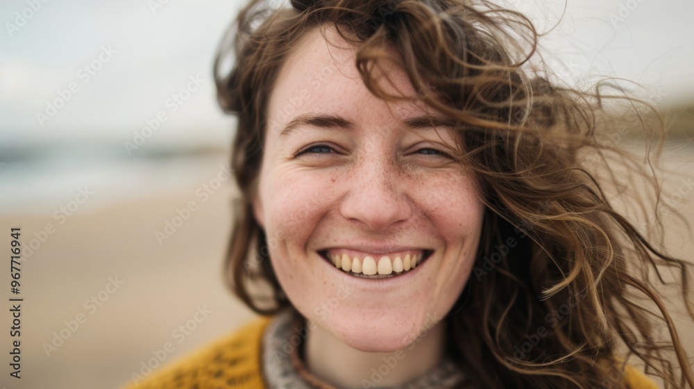 Close-up of a smiling woman with windswept hair at the beach, exuding joy and freedom against a blurred natural backdrop. Close-up of a smiling woman with windswept hair at the beach, exuding joy and freedom against a blurred natural backdrop.