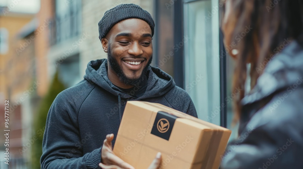 Smiling customer receiving a package with a branded logo from a delivery person Smiling customer receiving a package with a branded logo from a delivery person
