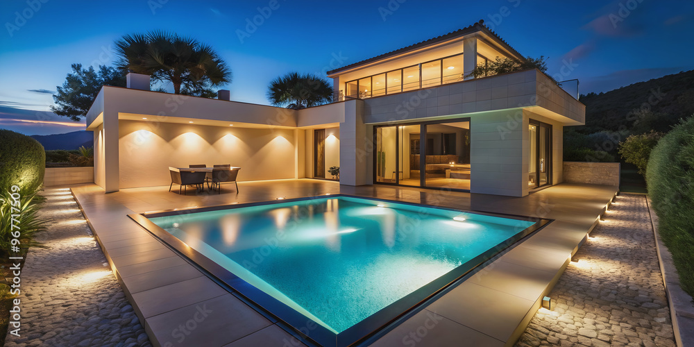 Fototapeta premium Villa with small pool illuminated at night, luxury, house, swimming, architecture, elegant, vacation, outdoor, relaxation